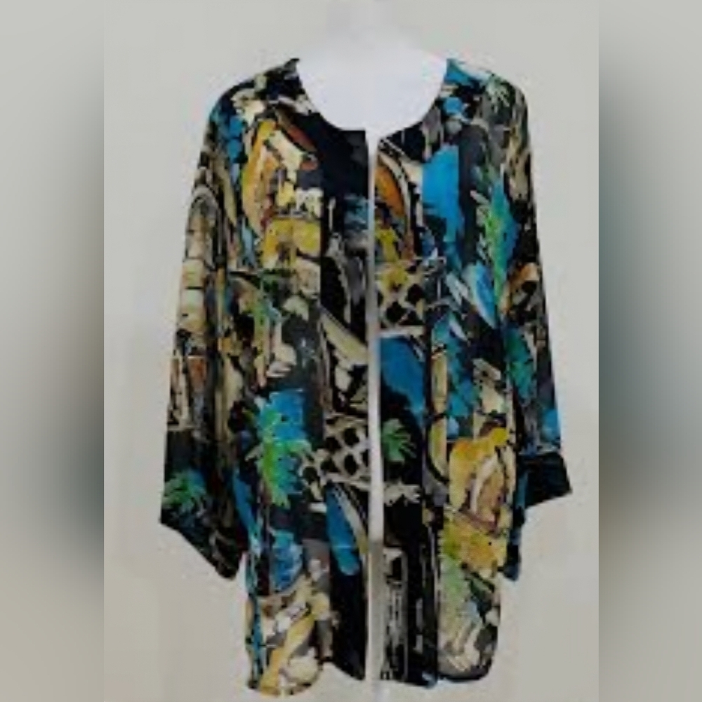 Chico's Multicolor Abstract Blouse Open Front Kimono Style Top 100% Silk